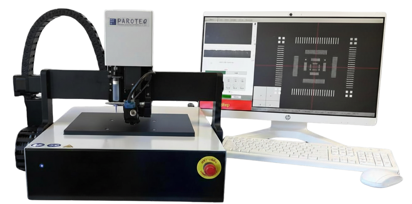 paroteq-h-system-semi-automatic-die-bonder-sub-micron-alignment.jpg die bonder machine platform featuring a modular bonding head, integrated fluid dispensing syringe, and an external dual-camera vision